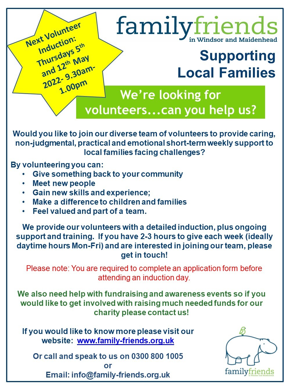 Volunteer poster   induction   5th and 12th May 2022