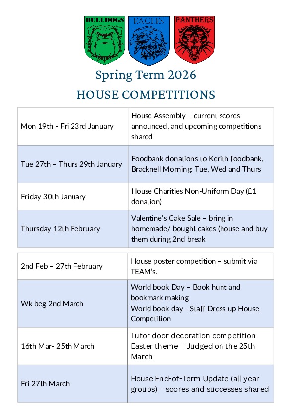 Spring Term 2026 HOUSE COMPETITIONS